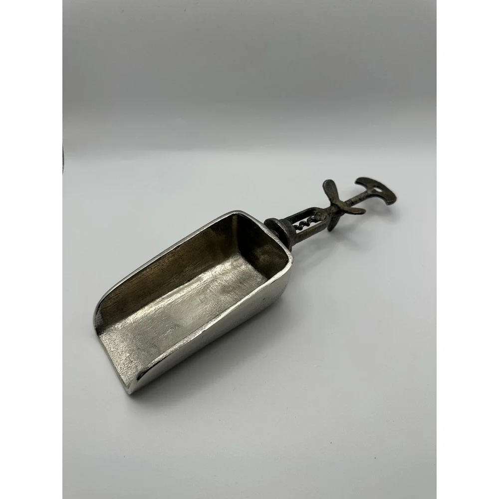 Vintage Style Corkscrew Handle Ice Scoop Cast Metal Industrial Barware Silver
